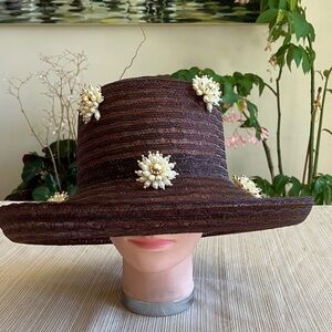 Elegant Brown Hat with Pearl Floral Embellishments